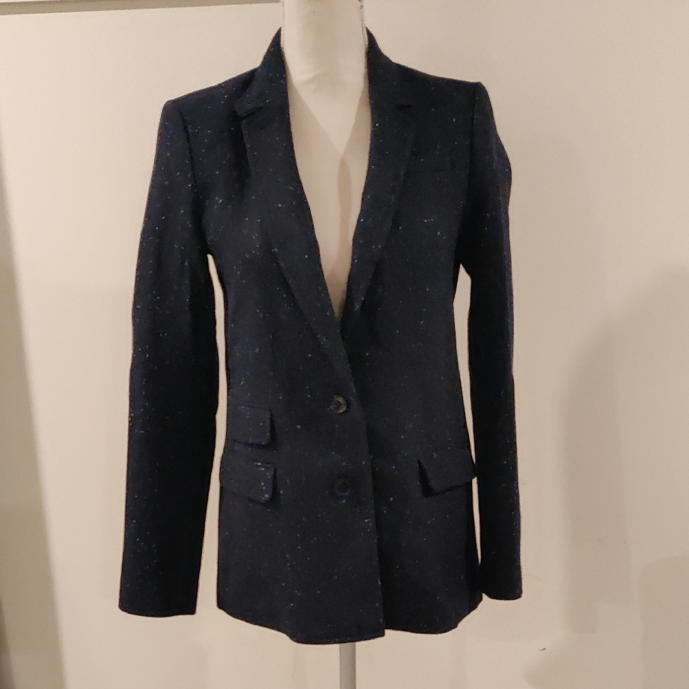 Banana Republic Women Navy Blazer Speckled V Neck Wool Blend Sz 2 Y2K Vintage